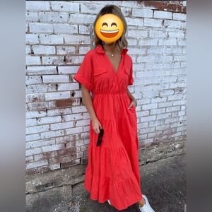 Womens Cajun Coral Red Orange Listicle Fall Picture Maxi Dress Large NWT